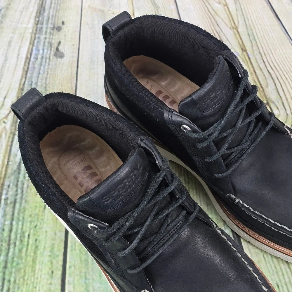 Sperry Plushwave Lug Chukka Boots Mens 12 Black Leather Suede Moc Toe STS23614